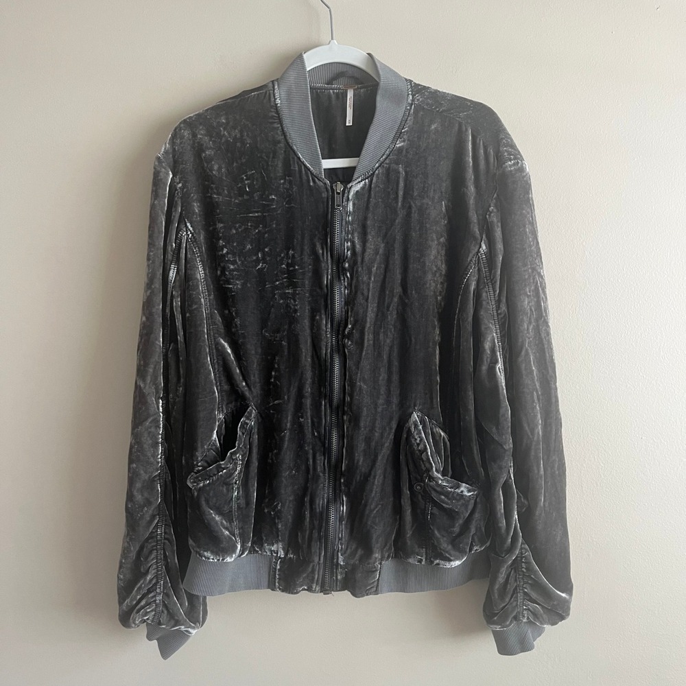 Free People Ruched Velvet Bomber Jacket Size M Charcoal Grey Gothic Romantic
